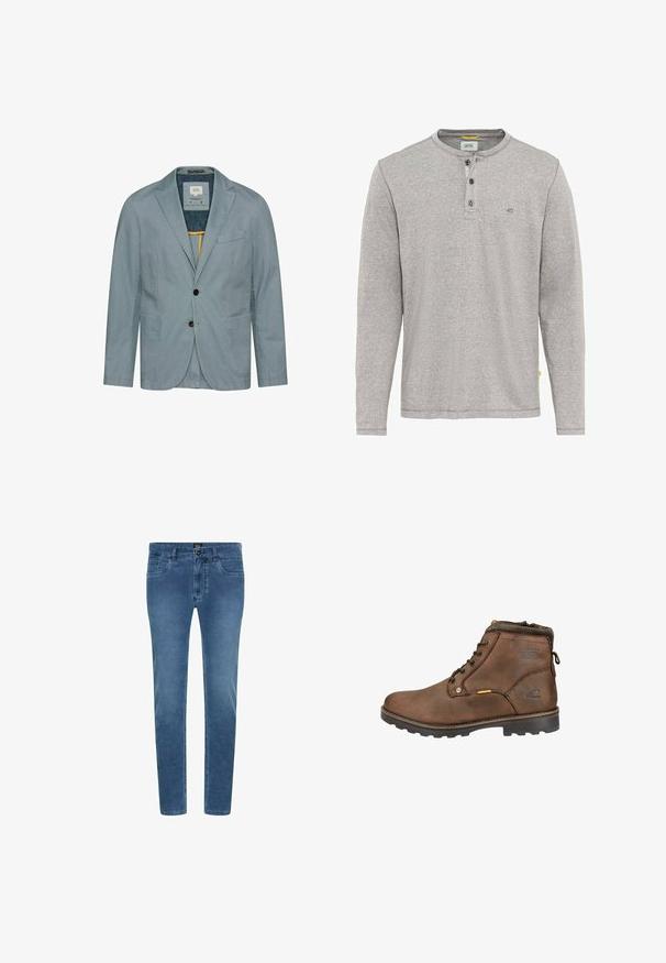 Hellblaues Herrenblazer mit zwei Fronttaschen, zwei Knöpfen, Kerbkragen und innerem Etikett auf weißem Hintergrund.; Graues Langarmhemd mit Henley-Kragen, drei Knöpfen und einer dezenten Textur. Verfügt über ein kleines Logo in der Nähe des Kragens und ein Etikett.; Blaue Denim-Jeans mit schmaler Passform, die vordere Taschen, einen Knopfverschluss und dezente Verblassung entlang der Beine aufweisen.; Braune Leder-Ankle-Boots mit runder Zehenpartie, Schnürdesign, gepolstertem Kragen und strukturiertem Gummisohle. Mit Logo und Metallelementen ausgestattet.