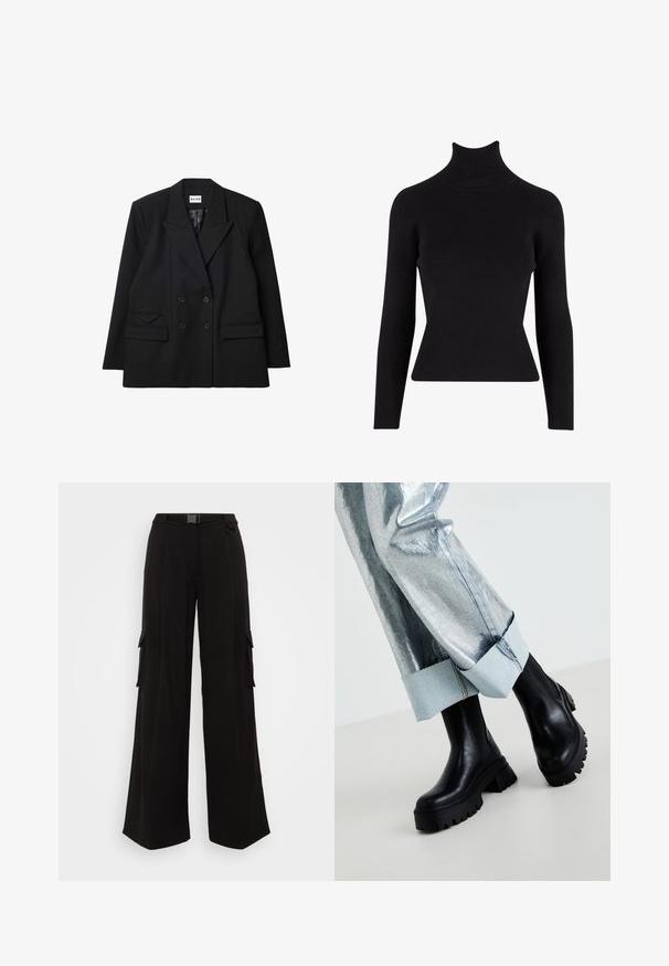 Dvojradový čierny blazer vyrobený z textúrovanej látky, s ostrými klopami, dvoma prednými vreckami a gombíkovými detailmi.; Čierny rebrovaný rolák s dlhými rukávmi, priliehavým strihom, textúrovanou tkaninou a vysokým golierom.; Čierne cargo nohavice s širokými nohavicami, bočnými vreckami, textúrovanou tkaninou, priliehajúcim pásom a opaskom na prispôsobenie veľkosti. Čistý, moderný dizajn.; Čierne masívne členkové topánky s textúrovanými podrážkami, nosené so striebornými metalickými nohavicami s svetlomodrým manžetovým okrajom. Minimalistický dizajn, elegantné materiály.