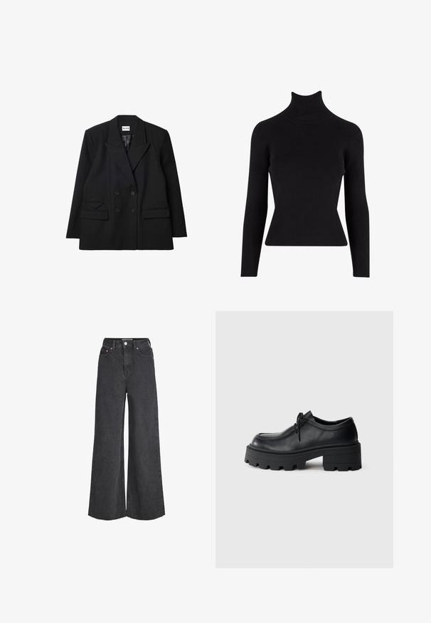 Dobbeltradet sort blæser lavet af tekstureret stof, med skarpe revers, to forlommer og knapdetaljer.; Sort ribbet turtleneck sweater med lange ærmer, tætsiddende silhuet, tekstureret stof og høj hals.; Sorte jeans med høj talje og vide ben, lukkes foran med knap og lynlås, forlommer og frynset kant.; Sort læder snørebåndssko med en tyk, tekstureret sort gummisål og en rund tå. Har subtile syninger.