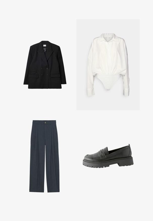 Dobbeltradet sort blæser lavet af tekstureret stof, med skarpe revers, to forlommer og knapdetaljer.; Norma Kamali SUPER OVERSIZED BOYFRIEND SHIRT BODYSUIT - Bluse - snow white; Vide bukser lavet af tekstureret mørkegråt stof, med foran pliserede detaljer, en knaplukning og sidelommer for ekstra funktionalitet.; Sorte læder loafers med en tekstureret overflade, fremtrædende syning og en tykk sort gummisåle med mønster.