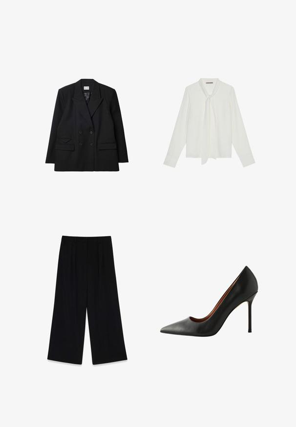 Blazer negro de doble botonadura hecho de tela texturizada, con solapas marcadas, dos bolsillos frontales y detalles de botones.; Blusa blanca de manga larga hecha de tela suave, con un lazo en el cuello y puños entallados. Diseño simple y clásico, sin patrones.; Pantalones de pierna ancha negros, hechos de un tejido suave, con pliegues en la parte delantera, cintura de altura media y sin cierres o adornos visibles.; Zapatos de tacón alto de charol negro con punta afilada y textura suave. Presentan un tacón de aguja delgada y un corte bajo a lo largo de los lados.