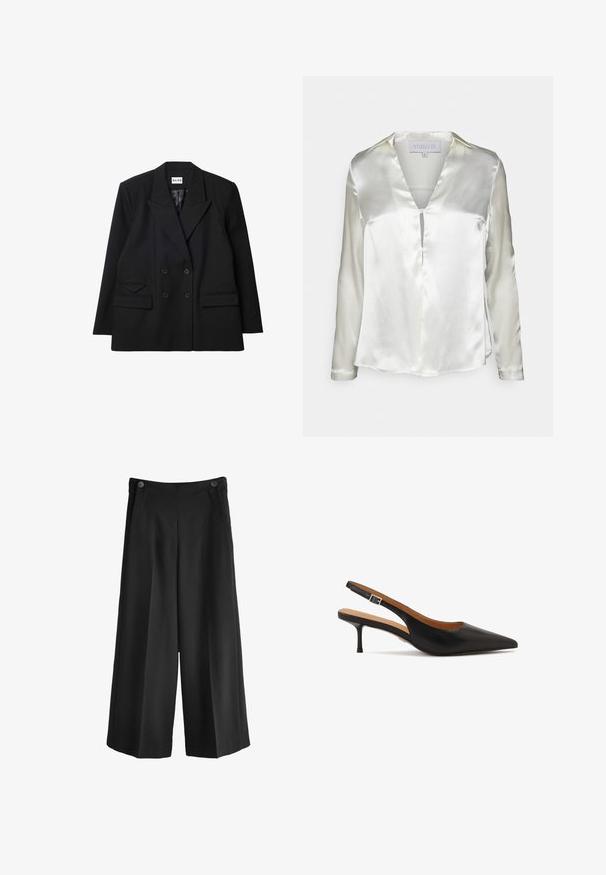 Blazer negro de doble botonadura hecho de tela texturizada, con solapas marcadas, dos bolsillos frontales y detalles de botones.; STUDIO ID ALYSSA - Blusa - champagne; Pantalones de pierna ancha negros con una cintura alta, hechos de una tela suave. Presenta dos bolsillos delanteros y dos botones en la cintura.; Zapato de tacón con tira trasera de cuero negro, punta puntiaguda, tacón fino y correa ajustable en el tobillo; textura lisa y detalles mínimos.