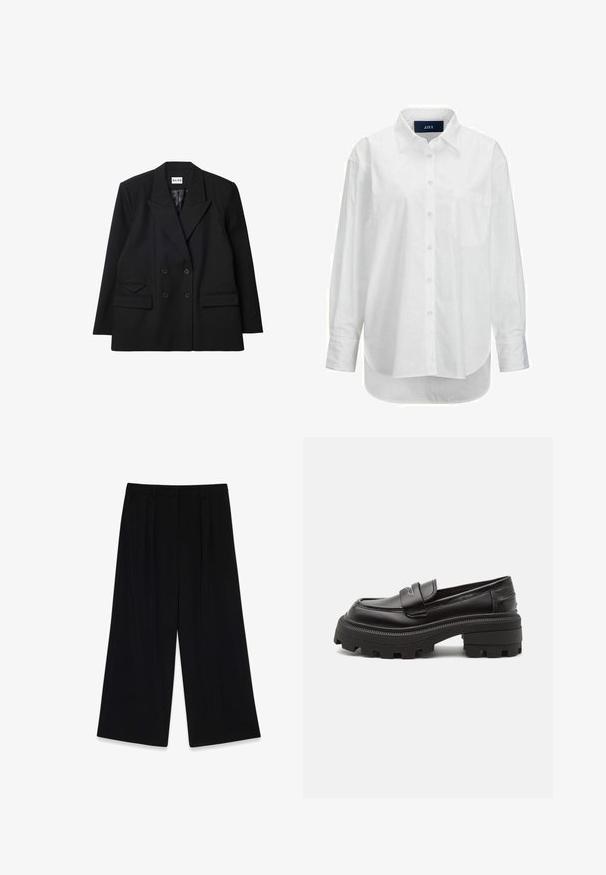 Blazer negro de doble botonadura hecho de tela texturizada, con solapas marcadas, dos bolsillos frontales y detalles de botones.; Camisa blanca de manga larga en algodón suave con cuello abotonado, bolsillo frontal y dobladillo curvado. Cuenta con un canesú en la parte posterior para mayor estructura.; Pantalones de pierna ancha negros, hechos de un tejido suave, con pliegues en la parte delantera, cintura de altura media y sin cierres o adornos visibles.; Buffalo NABU LOAFER - Zapatos sin cordones - black