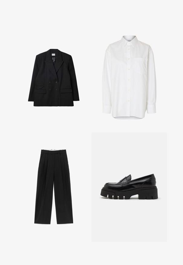 Blazer negro de doble botonadura hecho de tela texturizada, con solapas marcadas, dos bolsillos frontales y detalles de botones.; Camisa blanca de manga larga con botones, cuello puntiagudo y bolsillo en el pecho, mostrada sobre un fondo liso.; Pantalones negros de pierna ancha con pliegues frontales, trabillas para cinturón y bolsillos laterales, diseñados para un ajuste entallado.; Mocasines de cuero negro con una suela de plataforma gruesa y texturizada, y una correa decorativa en la parte superior. Acabado liso y brillante.