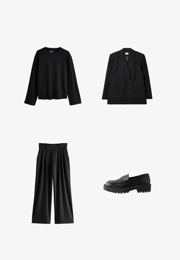 Blazer negro de doble botonadura hecho de tela texturizada, con solapas marcadas, dos bolsillos frontales y detalles de botones.; Camiseta negra de algodón con mangas largas y cuello redondo, corte relajado y etiqueta de la marca visible en el interior en la parte trasera del cuello.; Pantalones negros de pierna ancha con pliegues, bolsillos laterales y una cinturilla con trabillas para cinturón.; Mocasín de cuero negro con puntera redondeada, detalle de costura elevada y suela de goma gruesa con surcos profundos para mayor tracción.