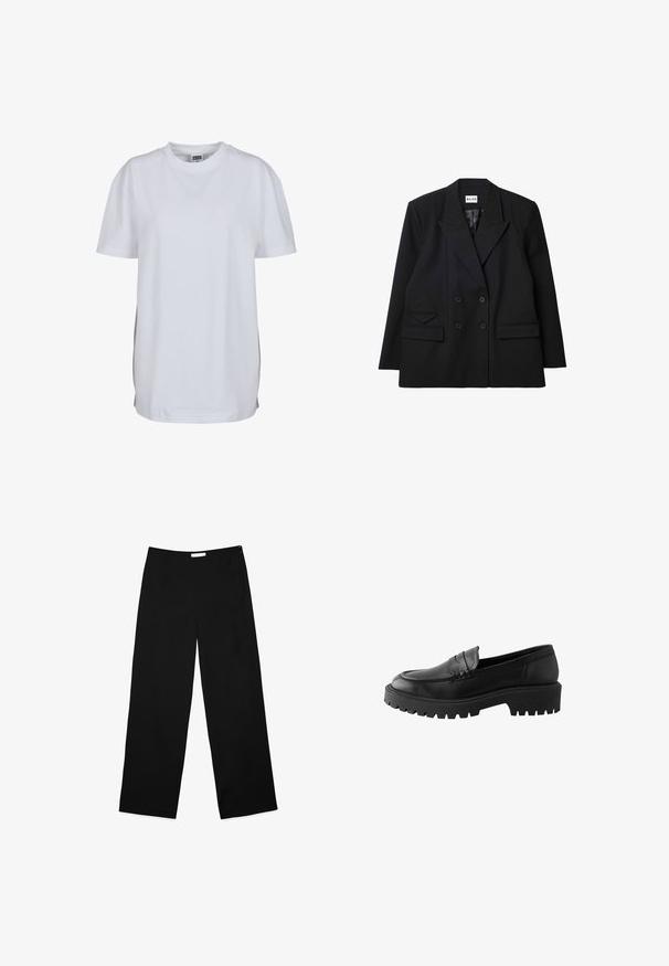 Dubbelzijdige zwarte blazer van gestructureerde stof, met scherpe revers, twee voorzakken en knoopaccenten.; Effen wit T-shirt met korte mouwen en ronde hals, met een rechte zoom en een klein zichtbaar merklabel binnenin de kraag.; Wijdere broek in zwarte stof, met een gladde textuur, strak ontwerp en een discrete zijrits als sluiting.; Zwarte leren instapper met een ronde neus, verhoogde stiknaaddetails en een stevige rubberen zool met diepe profielen voor grip.