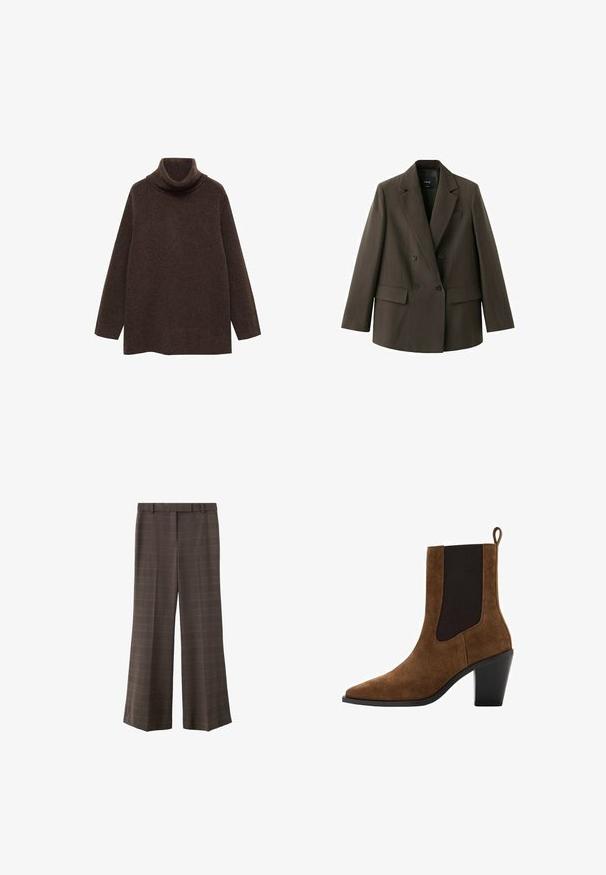 Mørkebrun dobbeltradet blazer med brede revers, to forlommer med klap og to sorte knapper på hver side, lagt fladt på en hvid baggrund.; Brun turtle neck sweater lavet af blødt strikstof. Har lange ærmer og en afslappet pasform med høj krave for ekstra varme.; Brune brede benbukser med subtilt ternet mønster, bæltestropper og frontfold, vist på en hvid baggrund.; Brun ruskindsankelstøvle med spids tå, elastiske sidepaneler og blokhæl. Har en strop i bagenden for nem påtagning.