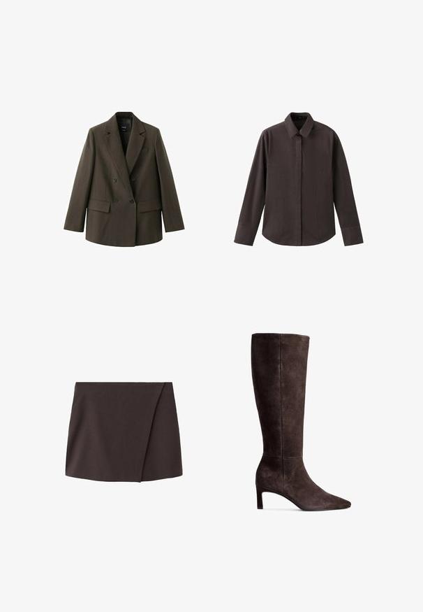 Dunkelbrauner, zweireihiger Blazer mit breiten Revers, zwei vorderen Pattentaschen und jeweils zwei schwarzen Knöpfen, flach auf einem weißen Hintergrund liegend.; Braunes Langarmhemd mit spitzem Kragen, vorderer Knopfleiste und einer Brusttasche. Glatter Stoff und lockere Passform.; Dunkelbrauner asymmetrischer Minirock mit leichtem Frontüberlapp, aus glattem Stoff gefertigt.; Braune Wildlederkniehohe Stiefel mit spitzer Zehe und 7,5 cm hohem Absatz. Glatte Textur, elegante Silhouette und minimalistisches Design.