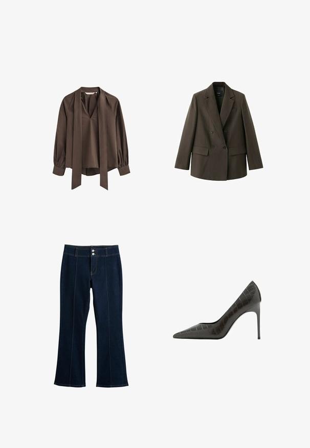 Dunkelbrauner, zweireihiger Blazer mit breiten Revers, zwei vorderen Pattentaschen und jeweils zwei schwarzen Knöpfen, flach auf einem weißen Hintergrund liegend.; Braune Bluse mit langen Ärmeln und tiefem V-Ausschnitt, befestigtem breiten Halsband und gerafften Bündchen.; Dunkelblaue Jeanshosen mit weitem Bein, vorderen Nahtdetails, doppelter Knopfverschluss und gelben Kontrastnähten.; Schwarzer Lackleder-Pumps mit spitzer Kappe und Krokodilprägung. Verfügt über eine schlanke Silhouette und einen dünnen, hohen Stöckelabsatz.