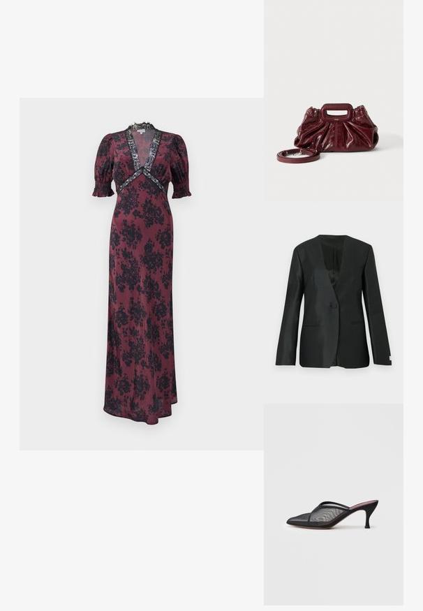 Sort blazer med satinfinish, enkelt knaplukning, hakkede klapkraver og let polstrede skuldre. Har to sidelommer.; Lang burgunderfarvet kjole med sort blomstermønster, med pufærmer, en dyb V-udskæring og blondebordurer omkring udskæringen og taljen.; Sort mesh mule med spids tå, tynde stropper og 3-tommer stiletto hæl. Har en gennemsigtig struktur og en ensfarvet sål.; Lille mørkerød læderhåndtaske med opsamlet struktur, rektangulært håndudskåret håndtag og aftagelig skulderrem på hvid baggrund.