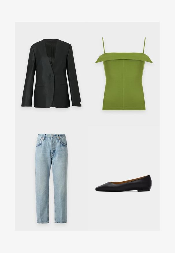 Schwarze Blazer mit satinierter Oberfläche, Ein-Knopf-Verschluss, Reverskragen und leicht gepolsterten Schultern. Verfügt über zwei Seitentaschen.; Grünes ärmelloses Oberteil mit dünnen Trägern und einem breiten, umgeschlagenen Ausschnitt, dargestellt auf weißem Hintergrund.; Hellblaue Jeans aus Denim mit geradem Bein, fünf Taschen und subtilen Ausbleichungen. Verfügt über einen Knopfverschluss und Gürtelschlaufen.; Schwarzer flacher Schuh aus Leder mit spitz zulaufender Vorderkappe, niedrigem Absatz und glatter Oberfläche, von der Seite vor einem hellgrauen Hintergrund dargestellt.