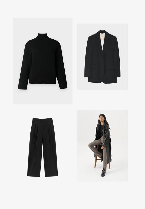 Blazer noir à un bouton avec revers crantés, poches à rabat et doublure intérieure blanche visible au niveau du col.; Un pull col roulé noir en tricot doux, doté de manches longues et d'une coupe décontractée. Texture lisse sans motifs ou accents visibles.; Pantalon noir à jambes larges avec plis sur le devant, passants pour ceinture et poches latérales, conçu pour une coupe ajustée.; Manteau trench en cuir noir avec des boutons et une ceinture, associé à un pantalon ajusté marron clair et des mocassins noirs, assis sur un tabouret en bois.