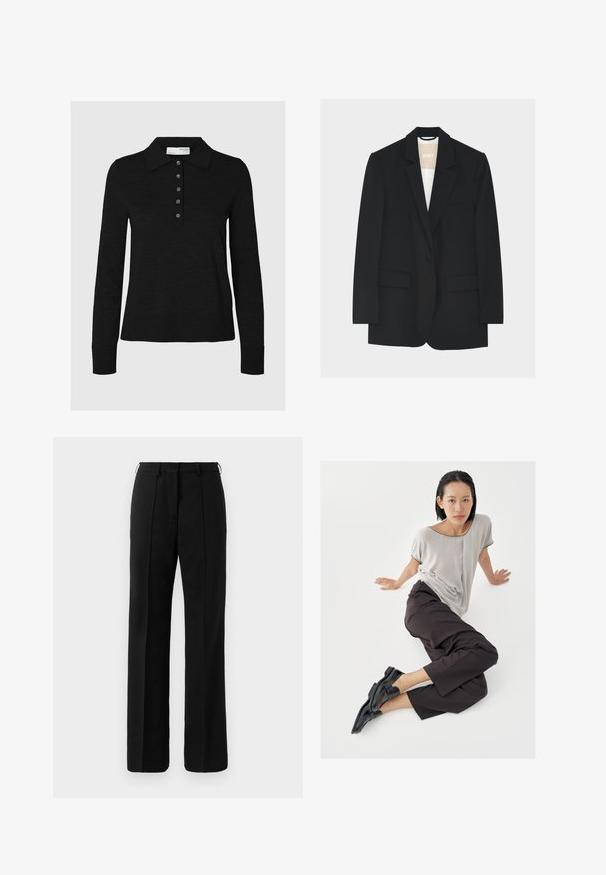 Blazer noir à un bouton avec revers crantés, poches à rabat et doublure intérieure blanche visible au niveau du col.; Polo noir à manches longues en tissu doux, avec un col et une patte de boutonnage à six boutons. Les bords sont soigneusement finis.; Pantalons droits noirs sur mesure avec passants de ceinture et pli sur le devant, présentés sur un fond neutre.; Haut gris clair à manches courtes, pantalons larges foncés, et mocassins noirs. Tissu lisse, coupe décontractée, et bordure contrastante sur la chemise.