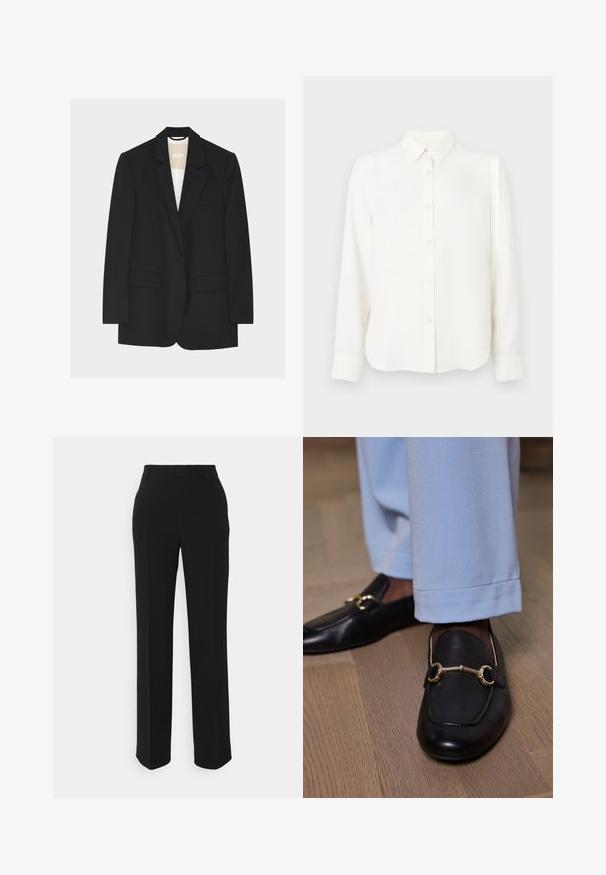 Blazer noir à un bouton avec revers crantés, poches à rabat et doublure intérieure blanche visible au niveau du col.; Chemise blanche à manches longues, boutonnière, avec col et poignets, design simple et épuré, présentée sur un fond blanc.; Pantalons noirs à jambes droites avec une texture lisse. Dotés d'une taille et sans motifs ou accents visibles. Design classique et ajusté.; Mocassins en cuir noir avec un détail en métal doré portés avec un pantalon bleu clair sur un sol en bois.