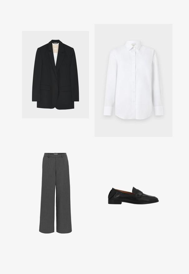 Blazer noir à un bouton avec revers crantés, poches à rabat et doublure intérieure blanche visible au niveau du col.; Chemise blanche à manches longues en tissu lisse, avec un devant boutonné, un col classique et un ourlet arrondi avec des poignets boutonnés.; Pantalon large gris fabriqué en tissu texturé, avec une ceinture élastique et des poches avant pour un ajustement décontracté.; Mocassin noir en cuir à enfiler avec un petit talon, bout arrondi et une bride cousue sur le dessus.