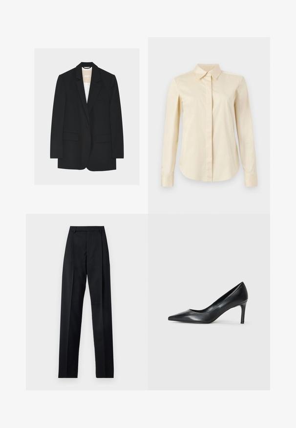 Blazer negro de un solo botón con solapas con muesca, bolsillos con solapa y un forro interior blanco visible en el cuello.; Camisa de manga larga color crema con cuello puntiagudo y tapeta de botones oculta, mostrada sobre un fondo liso.; Pantalones negros de tela suave con cintura alta, piernas amplias, pliegues frontales y lazos de cinturón clásicos. No hay bolsillos laterales visibles.; Zapato de tacón negro de cuero con punta afilada y un tacón delgado, textura suave y sin adornos visibles. Diseño limpio con una estética minimalista.