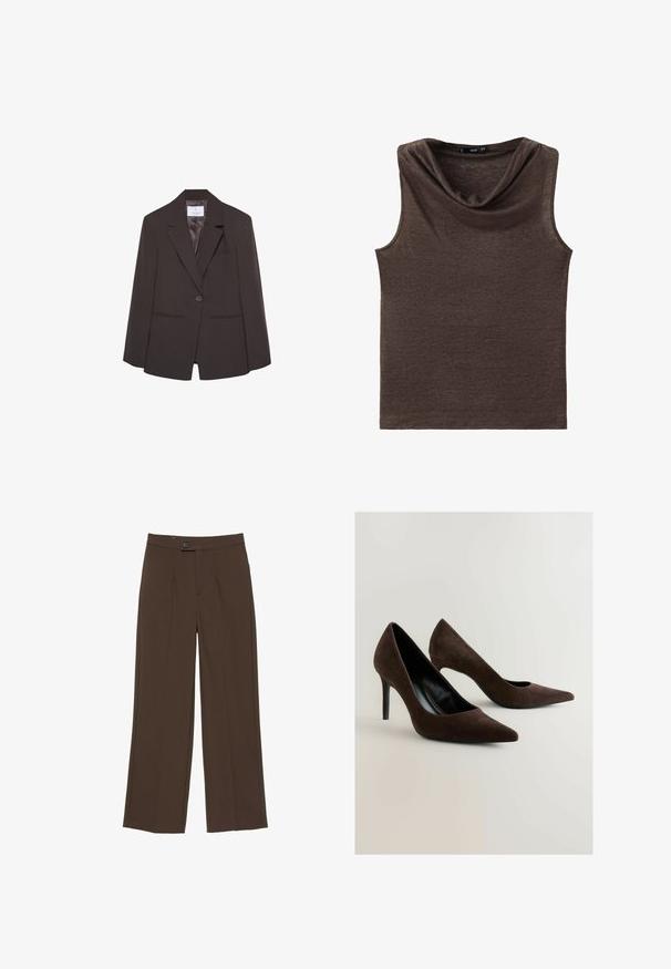 Blazer marron avec un col cranté, fermeture à un seul bouton et épaules structurées. Comprend deux poches avant et une doublure intérieure lisse.; Haut marron sans manches avec un col bénitier drapé, en tissu doux et léger.; Pantalon droit marron avec fermeture devant par bouton et zip, présentant des lignes nettes, ajustées et une taille mi-haute.; Escarpins en suède marron avec un bout pointu et une silhouette élégante. Les chaussures présentent un intérieur noir brillant et un talon aiguille fin.