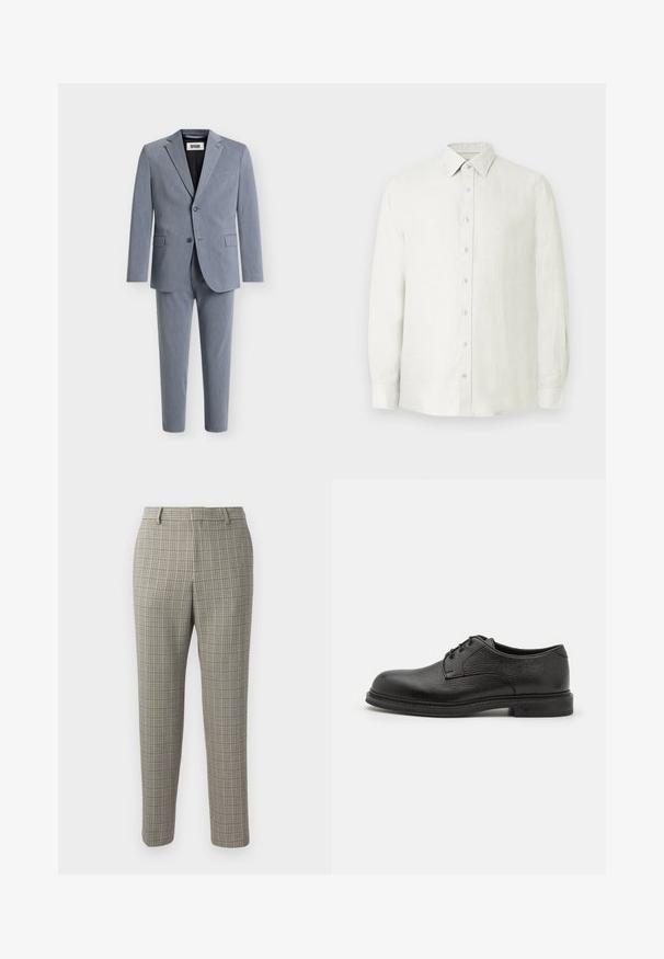 Lysegråt herredragt i to dele med blazer med notch revers og matchende bukser med lige ben vist mod en hvid baggrund.; Lysebeige hørskjorte med knaplukning foran, lange ærmer og klassisk krave. Har en lille logo på brystet.; Bukser i en lys beige stof med et ternet mønster i mørkebrun og marineblå, med lige snit og standart talje.; Emporio Armani LACED SHOE - Snøresko - nero