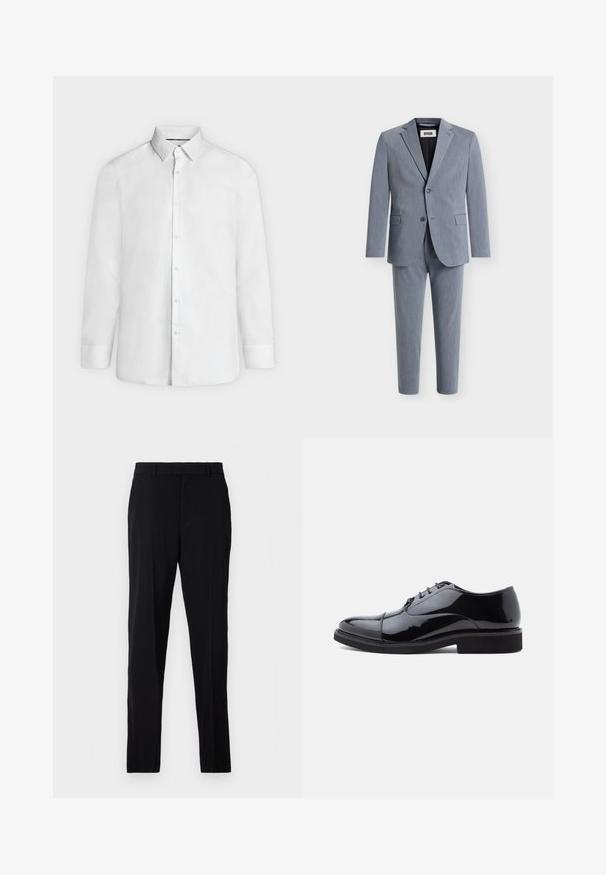 Traje de hombre gris claro de dos piezas con blazer de solapa con muesca y pantalones de pierna recta a juego, mostrado sobre un fondo blanco.; Camisa blanca de vestir de manga larga con cuello abierto y puños abotonados, mostrada de frente sobre un fondo liso gris claro.; Pantalones negros de tejido liso, con corte recto, trabillas para cinturón, cremallera en la bragueta y bolsillos laterales para mayor funcionalidad.; Zapato de vestir de charol negro con punta redondeada, diseño con cordones y una suela baja de goma negra. Presenta un acabado suave y brillante.