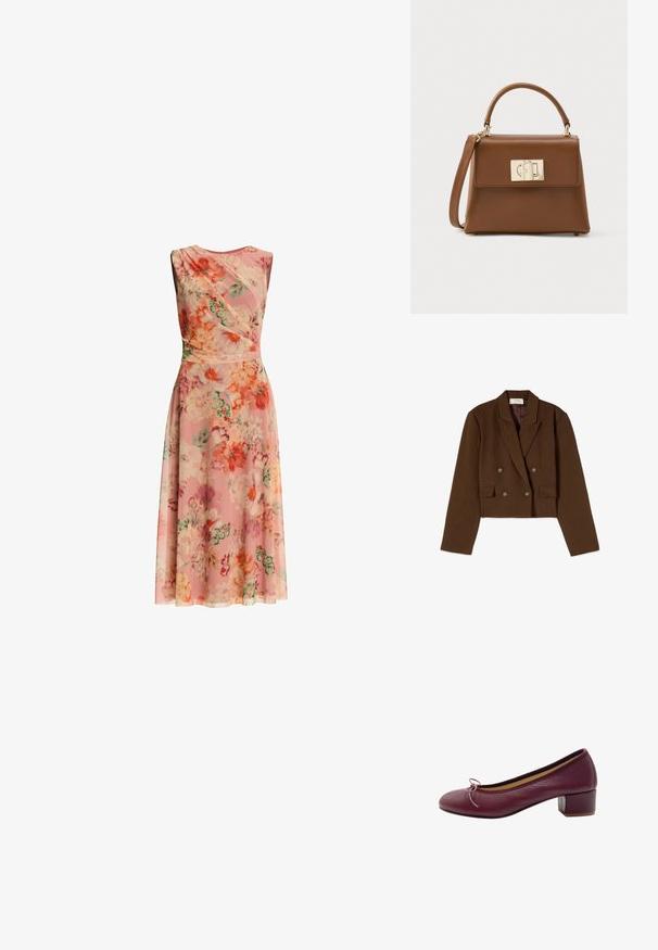 Bruine cropped double-breasted blazer met gekerfde revers, vier decoratieve knopen en twee voorvakken met kleppen.; Mouwloze roze midi-jurk met een oranje, groene en crèmekleurige bloemmotief en een aangesloten taille op een effen achtergrond.; Bordeaux leren balletschoen met een ronde neus, kleine strikaccent en lage blokhak. Glad textuur en minimalistisch ontwerp.; Bruine leren handtas met een gestructureerde afwerking, gouden sluiting, bovenhandvat en afneembare schouderriem. Compact en rechthoekig van vorm.