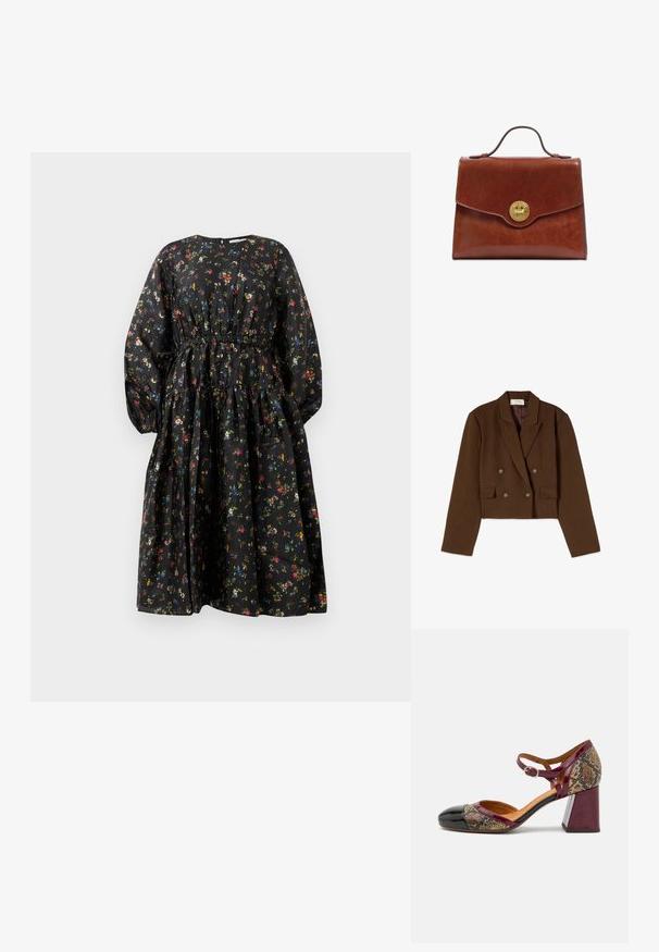 Blazer marrón corto de doble botonadura con solapas con muesca, cuatro botones decorativos y dos bolsillos delanteros con solapa.; Vestido negro con estampado floral, mangas largas, cintura fruncida y falda de volantes. Presenta un patrón floral colorido y una textura de tela suave.; Zapato de tacón con punta de charol negro, tira burdeos y parte superior de textil con patrón de serpiente; cuenta con un tacón ancho.; Bolso de mano de cuero marrón con asa superior y cierre redondo dorado con giro en la solapa frontal.