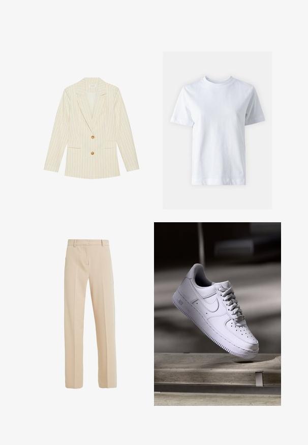Hvid blazer med subtile gule vertikale striber. Har en klassisk revers, to frontlommer og to guldtonede knapper. Glat tekstur.; Hvid bomulds t-shirt med rund halsudskæring, korte ærmer, lige snit og glat tekstur. Ingen mønstre eller dekorationer.; Beige skræddersyede bukser lavet af glat stof, med lige ben, sidelommer og folder nedad foran.; Hvid Nike Air Force 1 sneaker svævende over en betonoverflade med skygger i et minimalistisk miljø.