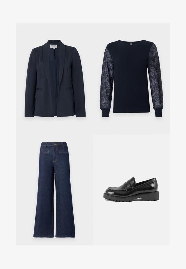 Donkerblauw damesblazer met sjaalkraag, lange mouwen en twee steekzakken aan de voorkant, ontwerp met open voorkant.; Marineblauwe gebreide trui met doorzichtige bloemenkant lange mouwen en geribbelde boorden, ronde hals en rechte zoom.; Spijkerbroek met hoge taille in donkerblauw, met wijde pijpen, bovenste knoopsluiting en contrasterende oranje stiksels. Twee achterzakken zichtbaar.; Zwarte laarsjes van patentaal leer met een gestructureerde neus, een decoratieve band over de wreef en een dikke, robuuste zool. Gladde, glanzende afwerking.