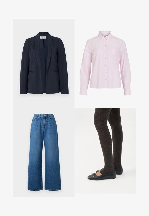 Blazer bleu marine pour femmes avec col châle, manches longues et deux poches passepoilées à l'avant, design à ouverture frontale.; Chemise rose pâle à manches longues avec des rayures blanches verticales, fermeture boutonnée à l'avant, col et poche poitrine gauche. Tissu en coton lisse.; Jean en denim bleu à jambes larges avec une taille haute, présentant un design à cinq poches, une fermeture à bouton à l'avant et un délavage subtil sur le tissu.; Jambes portant des leggings côtelés foncés associés à des ballerines noires avec de petits détails en nœud sur fond blanc.