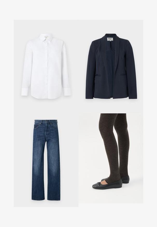 Navyblå dameblazer med sjalskrave, lange ærmer og to forlommer, åben front.; Hvid langærmet skjorte lavet af glat stof, med knaplukning foran, klassisk krave og rundet bagkant med knappede manchetter.; Blå denim vidde-bukser med glat tekstur, fem-lomme design og knaplukning. Indeholder let falmede områder for ekstra detaljer.; Ben iført mørke ribbede leggings kombineret med sorte balletsko med små sløjfedetaljer på hvid baggrund.