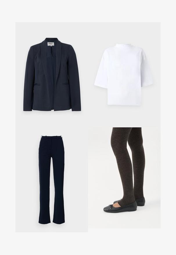 Donkerblauw damesblazer met sjaalkraag, lange mouwen en twee steekzakken aan de voorkant, ontwerp met open voorkant.; Witte katoenen top met korte mouwen, een hoge, afgeronde halslijn en een losse pasvorm. Gladde textuur, zonder zichtbare patronen of accenten.; Marineblauwe broek met een rechte pijpdesign, gemaakt van een gladde stof, voorzien van ri loopjes en een ritssluiting aan de voorkant.; Benen met donkere geribbelde leggings gecombineerd met zwarte ballerina's met kleine strikdetails op een witte achtergrond.