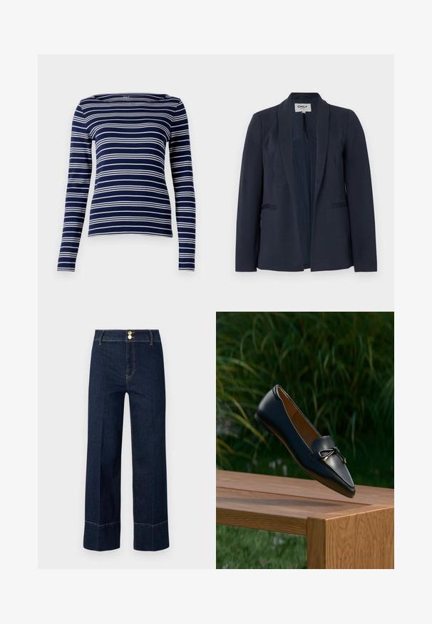Navyblå dameblazer med sjalskrave, lange ærmer og to forlommer, åben front.; Langærmet marineblå top med hvide vandrette striber, bådudskæring og blødt, strækbart stof. Enkel, tætsiddende design med minimal dekoration.; Mørkeblå højtaljede brede jeans med dobbelte guldknapper og synlig orange syning på en lys baggrund.; Sort læderloafer med detaljeret sløjfe, der svæver over en træbænk med grøn græs og planter i baggrunden.