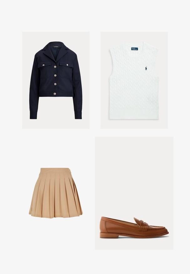 Marineblå cropped jakke med lange ærmer, sølvknapper foran, to brystlommer med knaplukning og en fligkrave.; Hvid ærmeløs sweater med et kabelstrikket mønster, ribbet halsudskæring og kant, med en lille blå broderet logo på brystet.; Beige plisseret mini skirt med høj talje og subtilt broderet logo på højre side af taljen.; Brun læderloafer med lavt træsål, klassisk penny-rem og syet detalje langs tå og sider.