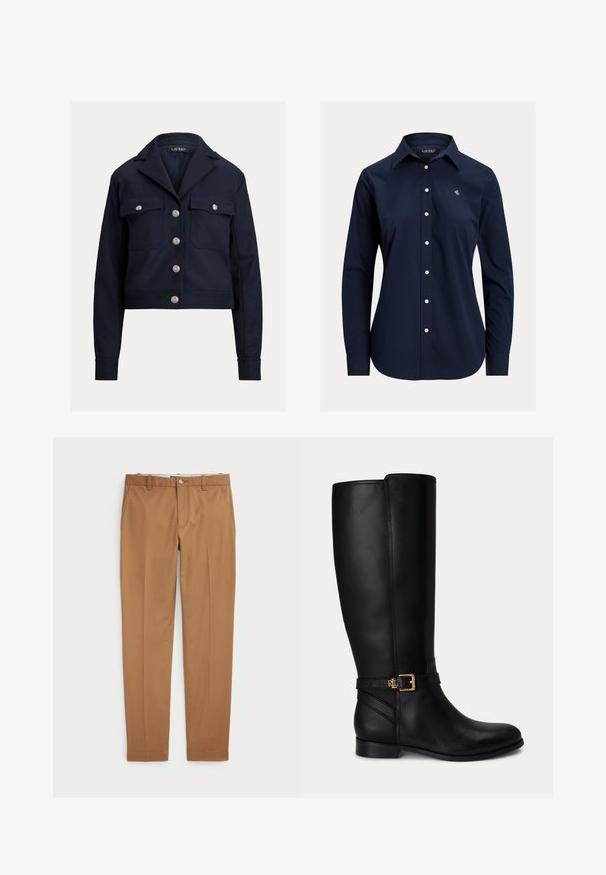 Marineblå cropped jakke med lange ærmer, sølvknapper foran, to brystlommer med knaplukning og en fligkrave.; Navyblå langærmet skjorte med knapper, spids krave og lille hvidt broderet logo på venstre bryst.; Brune bomuldsbukser med slim-fit design, flad front og standard lommer; glat tekstur og opkradset afslutninger.; Sort knæhøj læderstøvle med lav hæl, guldlås og lille præget logo på sidespændet.