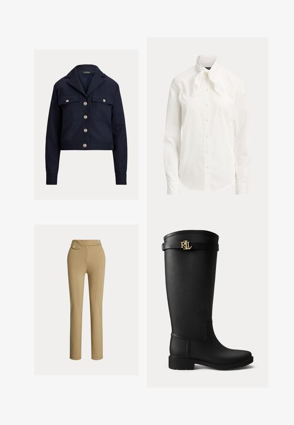 Marineblå cropped jakke med lange ærmer, sølvknapper foran, to brystlommer med knaplukning og en fligkrave.; Hvid bluse med lange ærmer, frontknapper og en bundet sløjfe omkring kraven på ensfarvet baggrund.; Beige skræddersyede bukser med en glat tekstur, høj talje, to dekorative knapper og en enkelt baglomme. Lige ben-design.; Sort knæhøj gummistøvle med lav hæl og en guldfarvet RLL-logo spænde nær toppen på en ensartet lys baggrund.