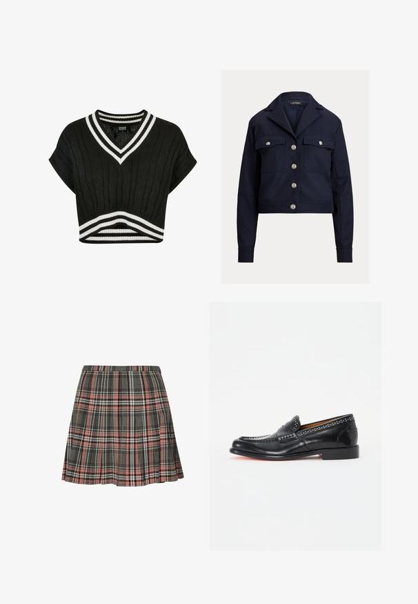 Marineblå cropped jakke med lange ærmer, sølvknapper foran, to brystlommer med knaplukning og en fligkrave.; Sort cropped sweater med v-hals, kabelstrikket tekstur, korte ærmer og dobbelte hvide striber ved kraven og kanten.; Rutnederdel i grå og pink med plisseret design og sorte og hvide accenter. Fremstillet af vævet stof, midt på låret længde.; Sorte læder loafers med dekorative nitter, mokkasin-stil syning og flad sål. Glat tekstur, rund tå, minimalistisk design.