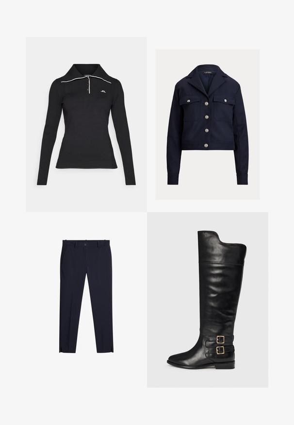 Chaqueta navy corta con mangas largas, botones plateados en la parte delantera, dos bolsillos en el pecho con botón y un cuello con muesca.; Polo negro de manga larga con textura acanalada, tapeta de tres botones y detalle de cuello blanco en contraste. Logo bordado en el pecho.; Pantalones oscuros de navy para hombre, de corte slim, con pasadores para cinturón, bolsillos frontales, cremallera y pequeñas aberturas en la parte delantera del dobladillo.; Botas de cuero negras hasta la rodilla con un acabado suave, punta afilada y dos hebillas en el lado exterior. Diseño de tacón plano.