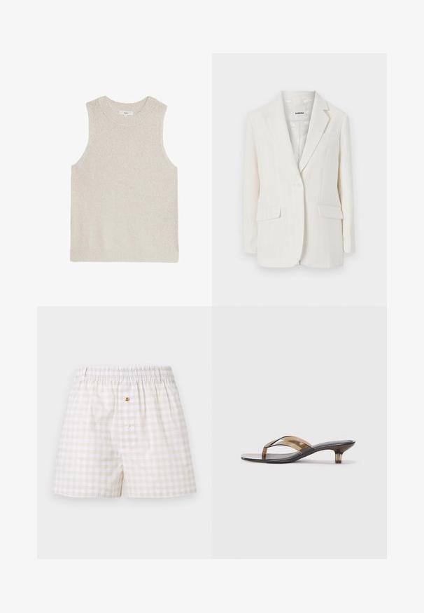 Hvid blazer med fine striber, med reverskrave, enkeltknaps lukning og to forlommer. Glat stof med en subtil glans.; Lys beige ærmeløs sweater med ribbet rund hals, tekstureret stof og minimalistisk design; ingen synlige logoer eller mønstre.; Herre beige og hvide gingham boxershorts med elastisk taljebånd og to knapper på den forreste lynlås.; Gennemsigtig hælflip-flop med et tyndt stropdesign, der har en sort fodseng og lysebrune accenter, der tilbyder en minimalistisk æstetik.