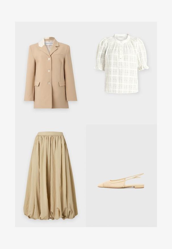 Beige enkelrijige blazer met drie knopen, twee voorflapzakken, borstzak en een wit kanten detail op één reverskraag.; Witte blouse met korte mouwen en een gestructureerd geruit patroon, ronde kraag met geschulpte rand, knopenbies en geplooide pofmouwen met ruches bij de manchetten.; Beige midi-rok met een geplooid taillegedeelte, vloeiende stof en volumineuze vorm, met een gestructureerd oppervlak en subtiele kreukdetails.; Slingback ballerina in lichtbeige met een mesh bovenwerk, spitse neus en een lage hak. Voorzien van een verstelbare band voor een goede pasvorm.