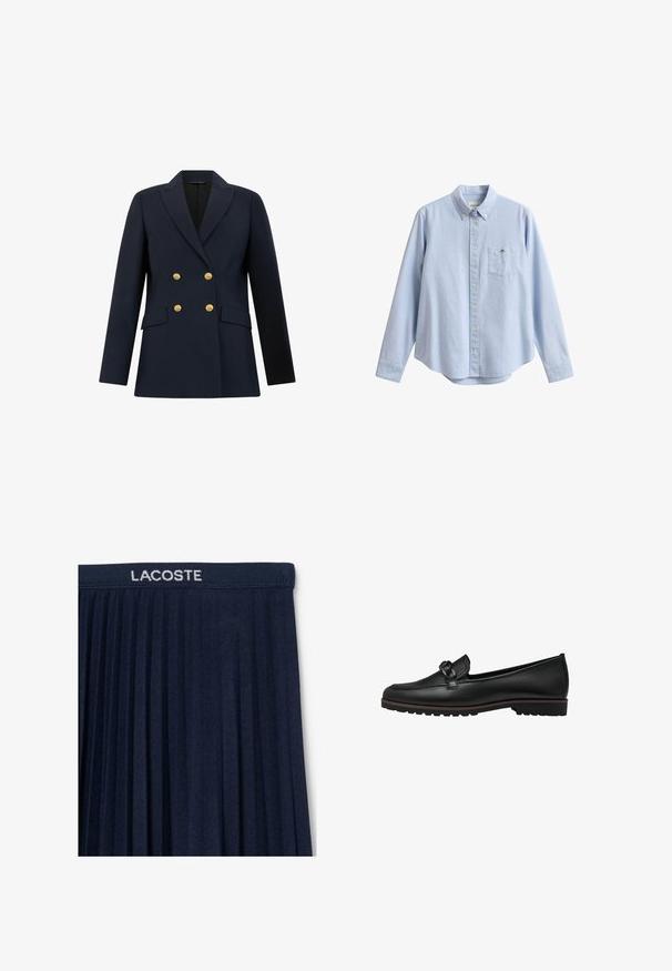 Navy double-breasted blazer met gouden knopen, notch-lapels en twee voorzakken. Tailored fit met een gladde textuur.; Lichtblauw overhemd met lange mouwen, knopen, een geknoopte kraag en een klein borstzakje met een klein geborduurd logo.; Marineblauwe geplisseerde rok met een elastische tailleband en witte "LACOSTE"-logo. Zachte stofstructuur met verticale plooien voor beweging.; Zwarte leren instapschoenen met een gevlochten accent voorop, vlakke rubberen zool en gestikte details langs de rand.