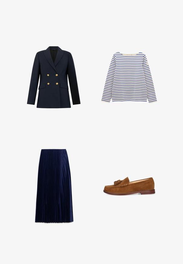 Navy double-breasted blazer met gouden knopen, notch-lapels en twee voorzakken. Tailored fit met een gladde textuur.; Witte shirt met lange mouwen met horizontale blauwe strepen en een klein rechthoekig label op de bovenste linker mouw.; Navy geplooide midi-jurk gemaakt van lichte stof met een zachte textuur, voorzien van gelijkmatig verdeelde verticale plooien en een elastische tailleband.; Bruine suède loafer met tassel, ronde neus, lage houten hak en gestikte details langs de randen.