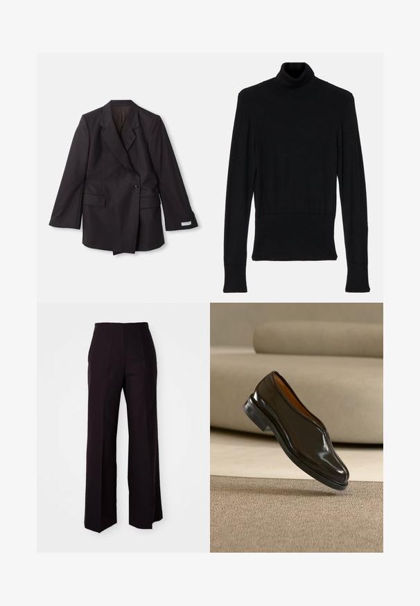 Zwarte, dubbelzijdige blazer gemaakt van een gladde stof. Bevat geknipte revers, twee voorzakken en knoopdetails op de mouwen.; AERON TENDER LONG SLEEVED - Trui - black; Zwarte wijde broek met hoge taille, voorzien van een gladde textuur en subtiele voormouwen, ontworpen voor een gestructureerde pasvorm.; Zwarte leren slip-on nette schoen zwevend boven een beige tapijt met een gebogen beige bank op de achtergrond.