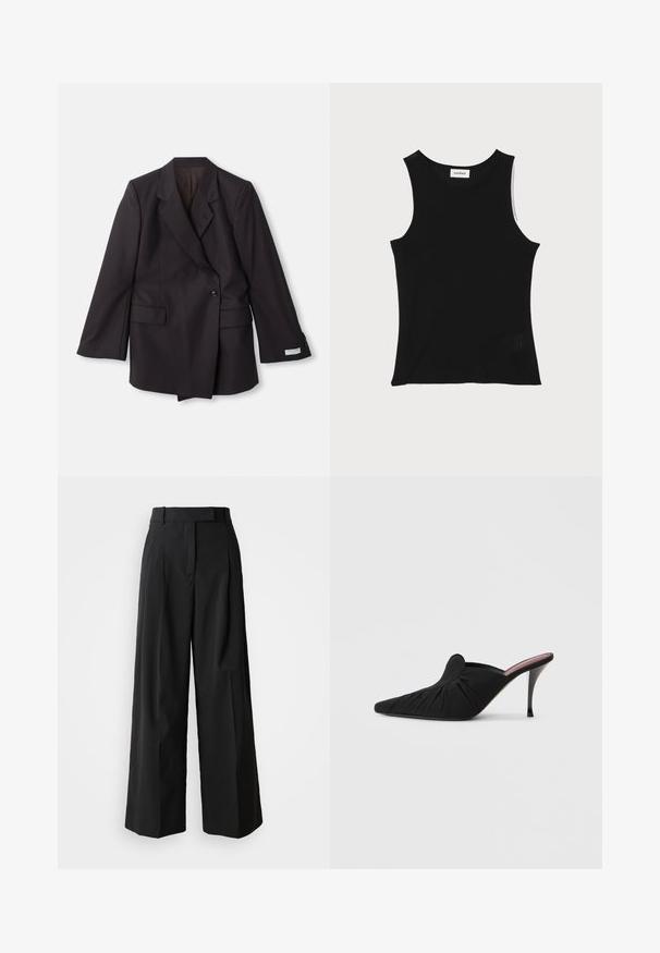 Blazer negro de doble botonadura hecho de una tela suave. Cuenta con solapas con muescas, dos bolsillos frontales y detalles de botones en las mangas.; Top de tirantes negro acanalado con escote redondo y tirantes anchos, que presenta un acabado texturizado sutil y un pequeño detalle de malla en el dobladillo.; Pantalones de pierna ancha negros, hechos de una tela suave con una cintura alta, que cuentan con dos pliegues frontales y un diseño ajustado.; Mule negro de tacón alto con punta puntiaguda, tejido suave con textura fruncida en la parte delantera y tacón de aguja delgado.