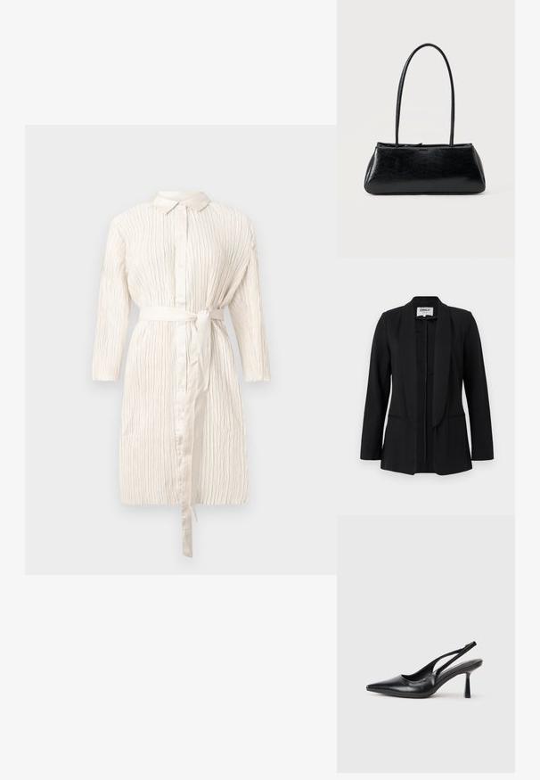 Blazer negro para mujer con cuello chal, mangas largas y dos bolsillos frontales con abertura, exhibido sobre un fondo claro liso.; Vestido marfil de manga larga con botones en la parte delantera, cintura ceñida con cinturón y tejido texturizado con pliegues. Presenta un cuello clásico y un suave brillo.; Zapato de tacón alto negro de cuero con puntera afilada y tacón delgado sobre un fondo blanco.; Bolso de hombro rectangular negro con correas largas y delgadas y una textura lisa y brillante sobre un fondo liso.