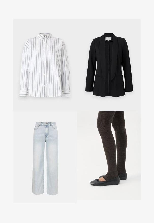 Blazer noir pour femme avec col châle, manches longues et deux poches fendues à l'avant, présenté sur un fond clair uni.; Chemise en coton blanc à boutons avec des rayures verticales bleu marine, un col classique et des manches longues avec des poignets à rayures. Texture douce.; Jean large taille haute bleu clair avec bouton frontal, fermeture éclair, poches avant et arrière, et détails de ourlet brut.; Jambes portant des leggings côtelés foncés associés à des ballerines noires avec de petits détails en nœud sur fond blanc.