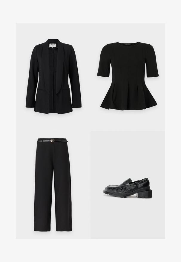 Sort blazer til kvinder med sjalskrave, lange ærmer og to frontlommer med slidser, vist på en ensfarvet lys baggrund.; Sort peplum top med korte ærmer og rund udskæring samt lodrette sømdetaljer, vist på en hvid baggrund.; Sorte bukser med høj talje og vide ben, med et slankt sort bælte og spænde i guldfarve mod en enkel hvid baggrund.; Sorte læderloafers med en struktureret sål, der har en let forhøjet blokhæl og en tekstureret overdel, sikret med en frontrem.