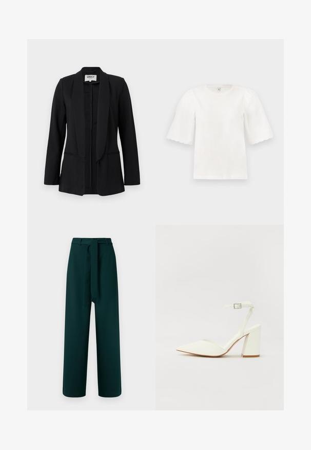 Blazer noir pour femme avec col châle, manches longues et deux poches fendues à l'avant, présenté sur un fond clair uni.; Blouse blanche à manches courtes avec bords festonnés et manches bouffantes, col rond, présentée sur un fond clair uni.; Pantalon vert à coupe large, avec passants de ceinture, ceinture en tissu nouée et texture lisse ; présente une taille haute et aucun motif visible.; Sandale blanche à talon avec un bout pointu, sangle de cheville réglable et un talon carré épais. Texture lisse avec des détails de couture minimaux.