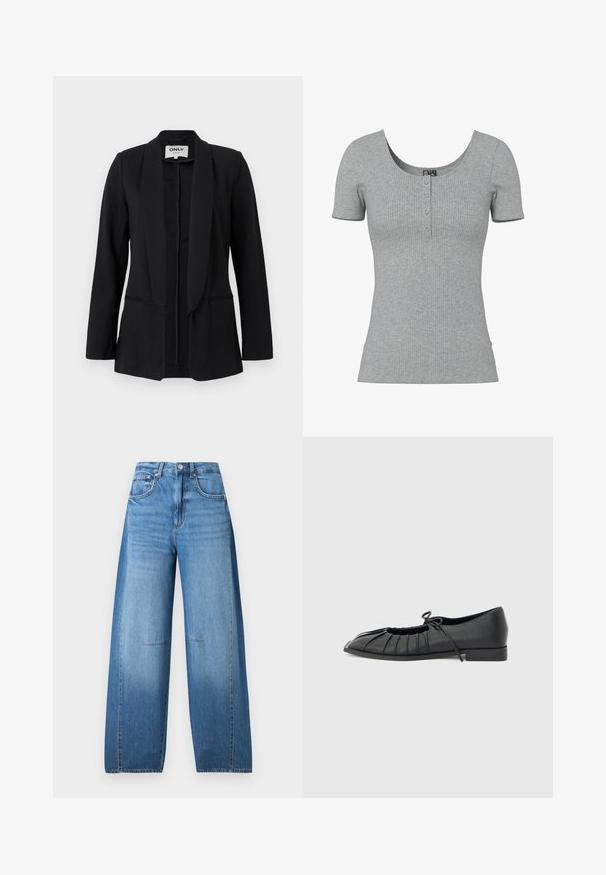 Blazer negro para mujer con cuello chal, mangas largas y dos bolsillos frontales con abertura, exhibido sobre un fondo claro liso.; Top gris de manga corta con costillas, escote en forma de U y cuatro pequeños botones en el centro delantero.; Jeans de talle alto y pierna ancha en denim azul claro con un efecto desgastado, que cuentan con cierre de botón, cinco bolsillos y detalles de costura.; Zapato plano negro con diseño delantero plisado y un lazo atado en la parte superior, tacón bajo y textura lisa sobre un fondo gris claro.