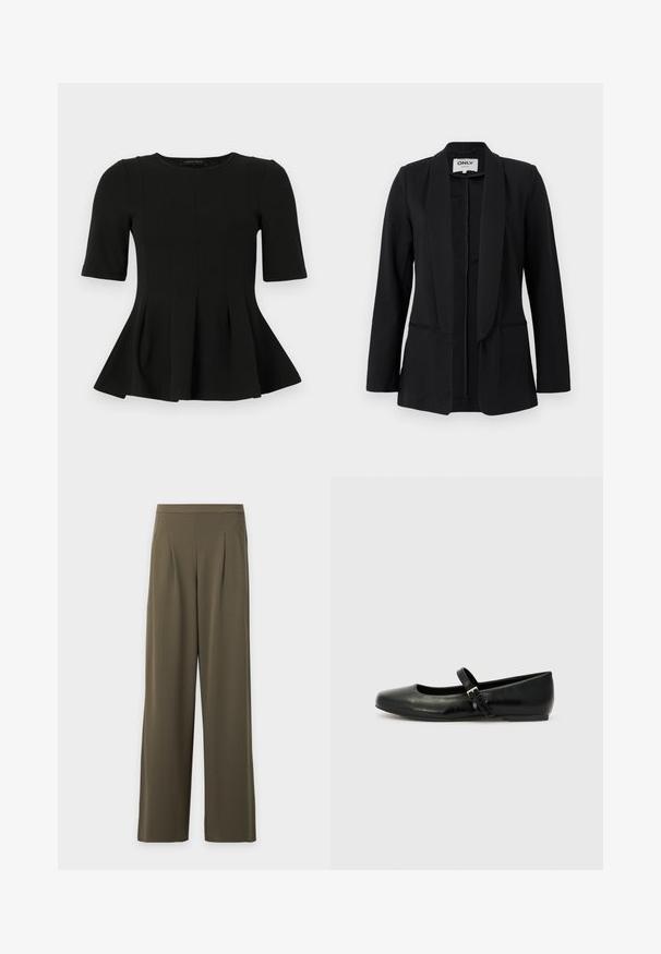 Blazer noir pour femme avec col châle, manches longues et deux poches fendues à l'avant, présenté sur un fond clair uni.; Top en peplum noir à manches courtes avec un col rond et des détails de coutures verticales, présenté sur un fond blanc.; Pantalon kaki large à taille haute, plis devant et ourlets droits, présenté sur un fond blanc uni.; Ballerines en cuir noir avec un bout arrondi, une semelle plate et une fine sangle ajustable sur le cou-de-pied avec une boucle en métal.