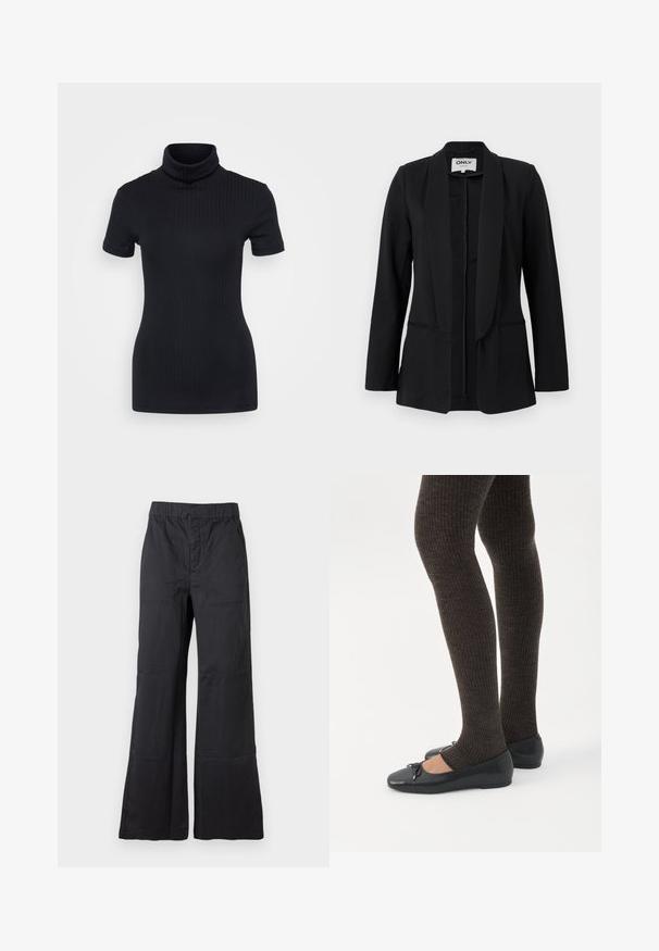 Blazer negro para mujer con cuello chal, mangas largas y dos bolsillos frontales con abertura, exhibido sobre un fondo claro liso.; Top de cuello alto negro con acanalado, de manga corta, diseño ajustado, textura suave, costuras mínimas y un cuello alto.; Pantalones negros de pierna ancha con cintura elástica y grandes bolsillos delanteros de parche, exhibidos sobre un fondo claro y liso.; Piernas con leggings oscuros acanalados combinados con bailarinas negras que presentan pequeños detalles de lazo sobre un fondo blanco.