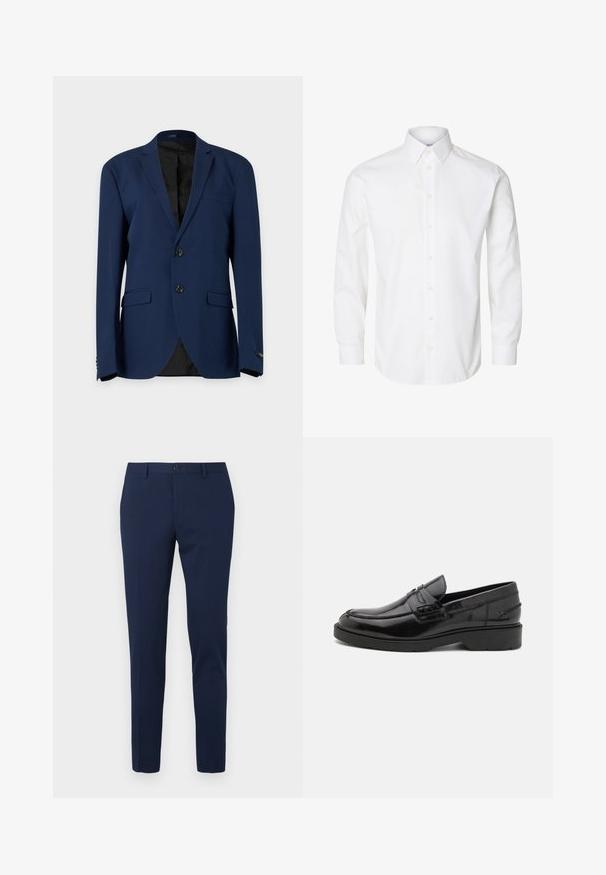 Navyblauwe herenblazer met twee knopen, inkeping revers, twee voorzakken met klep en één borstzak, weergegeven op een effen achtergrond.; Wit overhemd met lange mouwen, een puntige kraag, zichtbare knopen vooraan en knoopmanchetten.; Marineblauwe pantalon met een rechte pijp, gemaakt van een gladde stof. Voorzien van een knoopsluiting aan de voorkant en twee zijzakken.; Zwarte leren instappers met een gladde afwerking, ronde neus, lage hak en decoratieve stiksels aan de voorkant. Rubberen buitenzool voor grip.